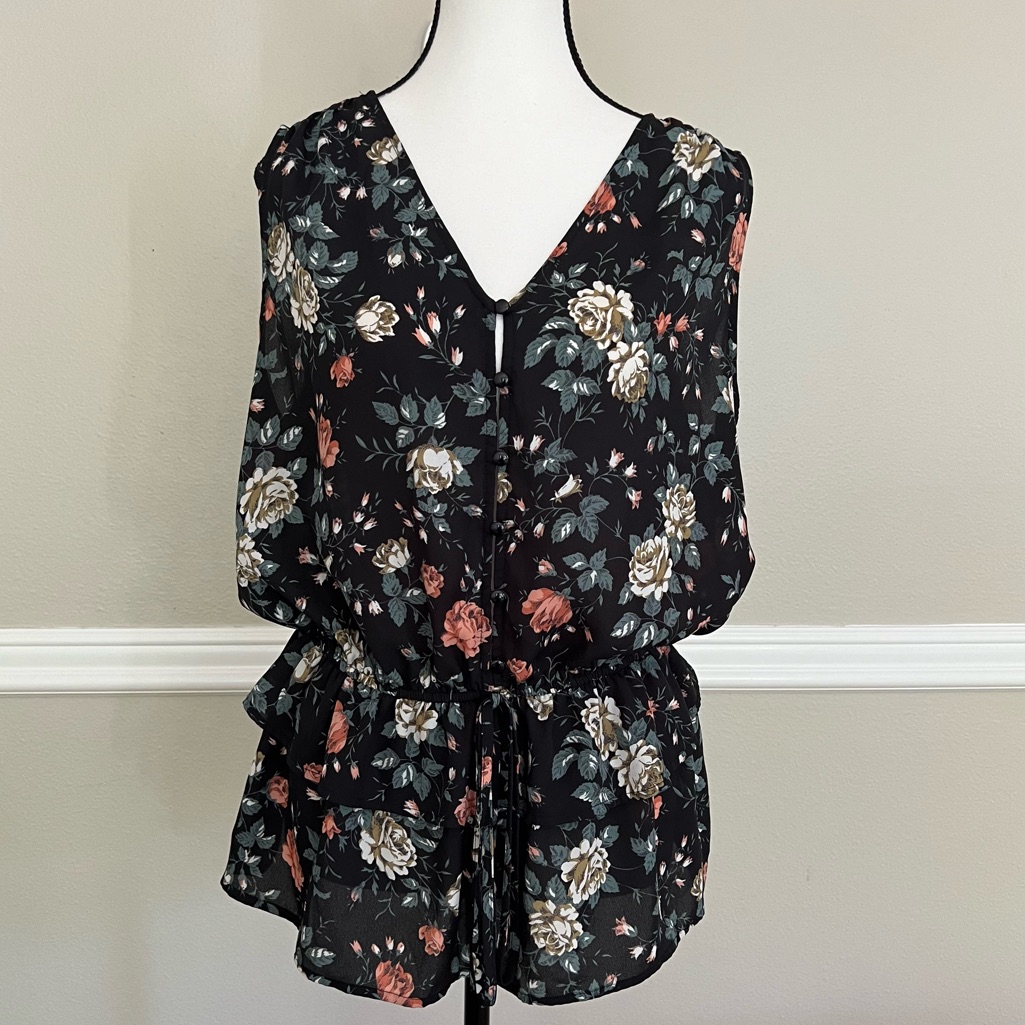 Pleione Sleeveless Floral Layered V-Neck Button Drawstring Waist Women Sz M Top